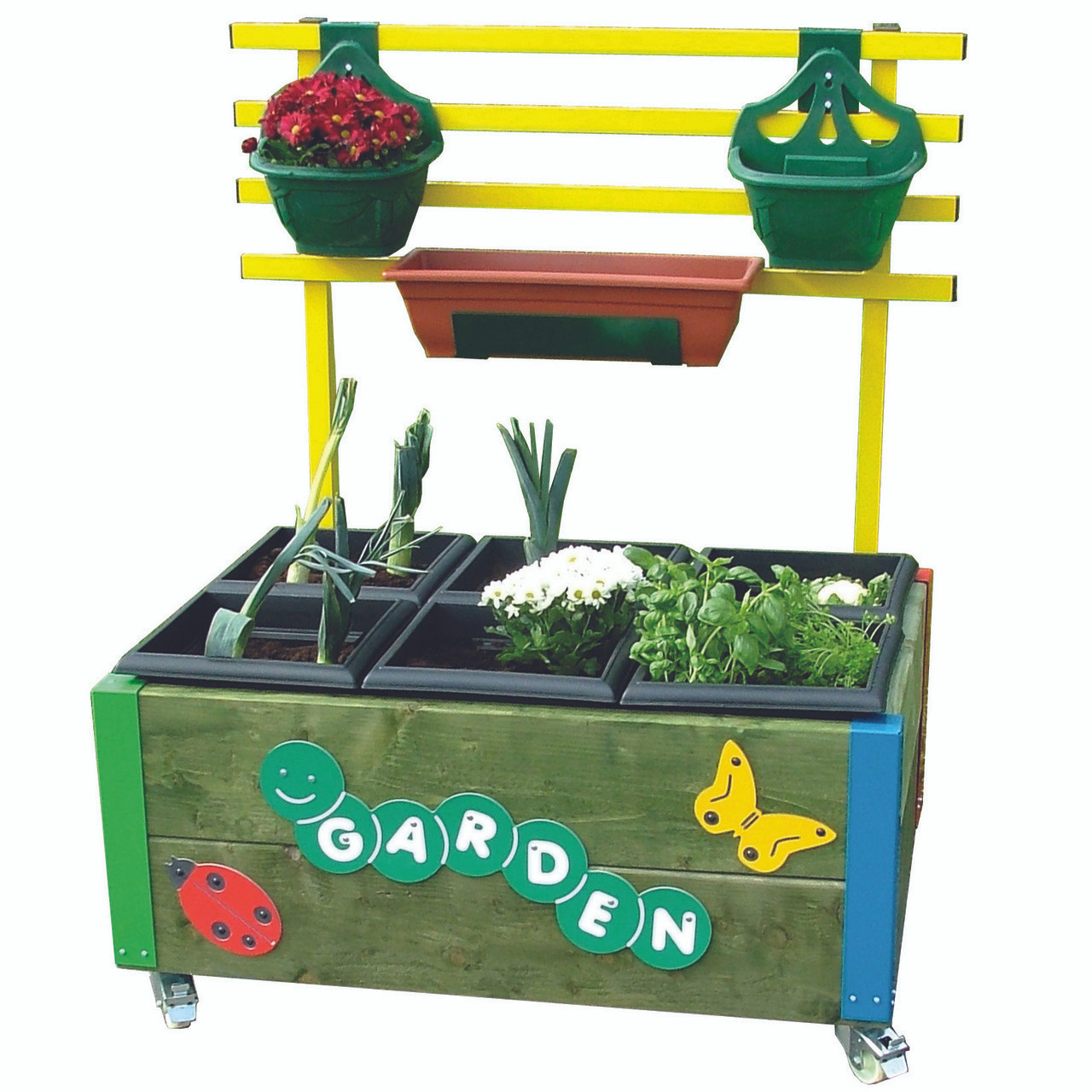 Rectangular 6 Planter Garden Box With Hanging Rail And Castors (JGP3RL)