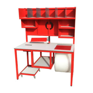 Red Packing Bench With Built In Bubble Wrap Roll Holder
