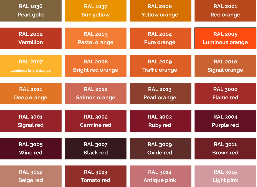 RAL Colours Sheets Orange and Red